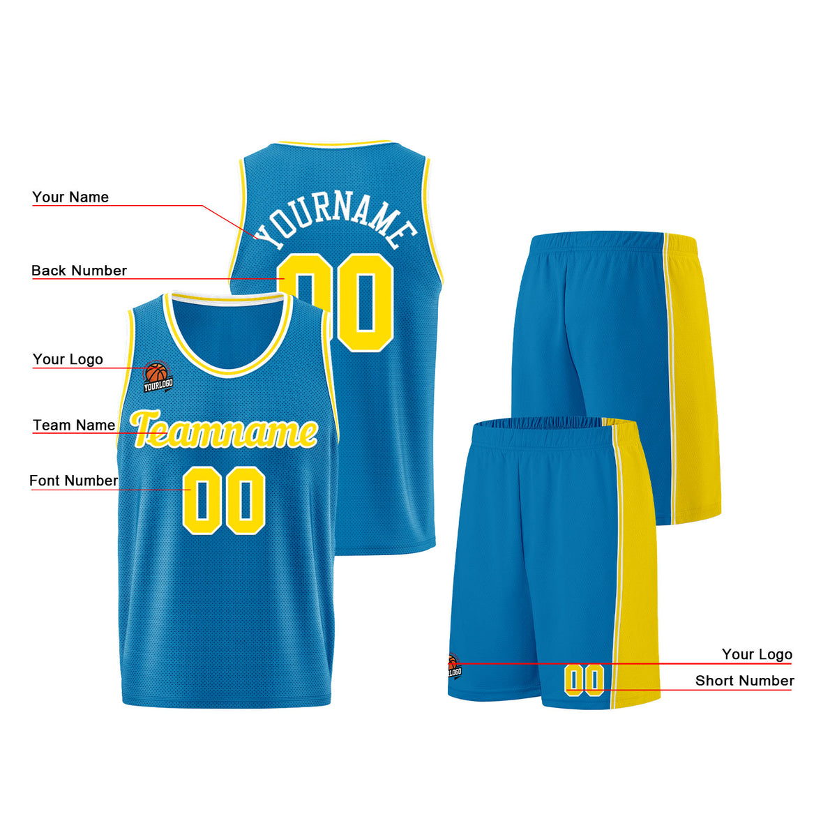 Individuelle Blau-Gelb Basketball Jersey Shorts für Männer und Frauen Gestickter und gedruckter Name, Nummer und Logo