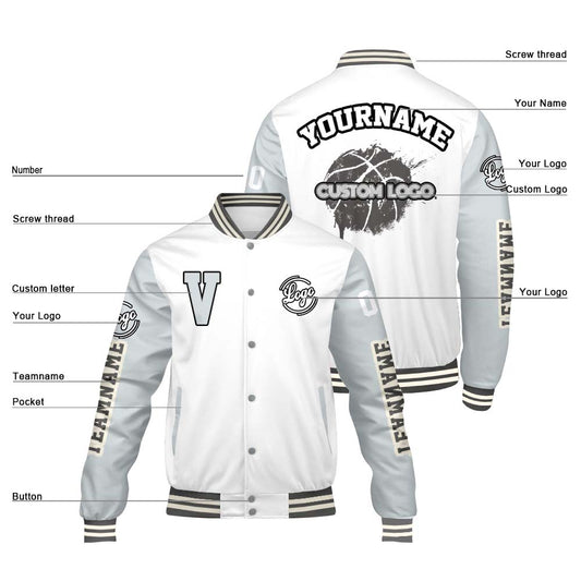 Maßgeschneiderte Weiß Grau Letterman Varsity Jacket Individuelle Stickerei Druck nach Ihrem Wunsch