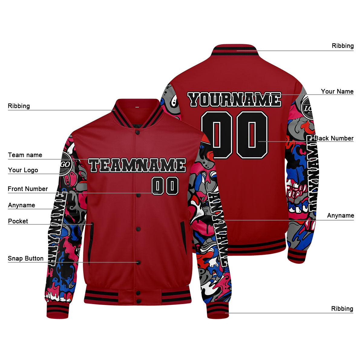 Maßgeschneiderte Rot Letterman Varsity Jacket Individuelle Stickerei Druck nach Ihrem Wunsch