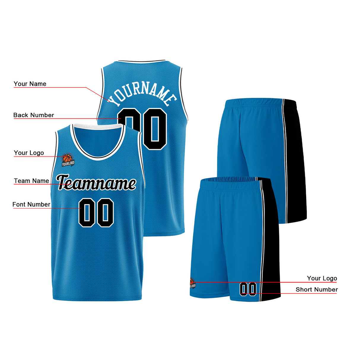 Individuelle Blau-Schwarz Basketball Jersey Shorts für Männer und Frauen Gestickter und gedruckter Name, Nummer und Logo