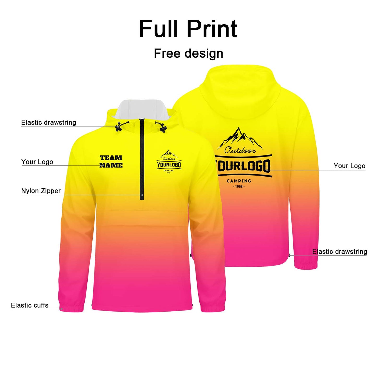 Anpassbare Gelb Rosa Winddichte Softshell Kapuzenjacke - Vollverschluss, Logo- & Text-Druck