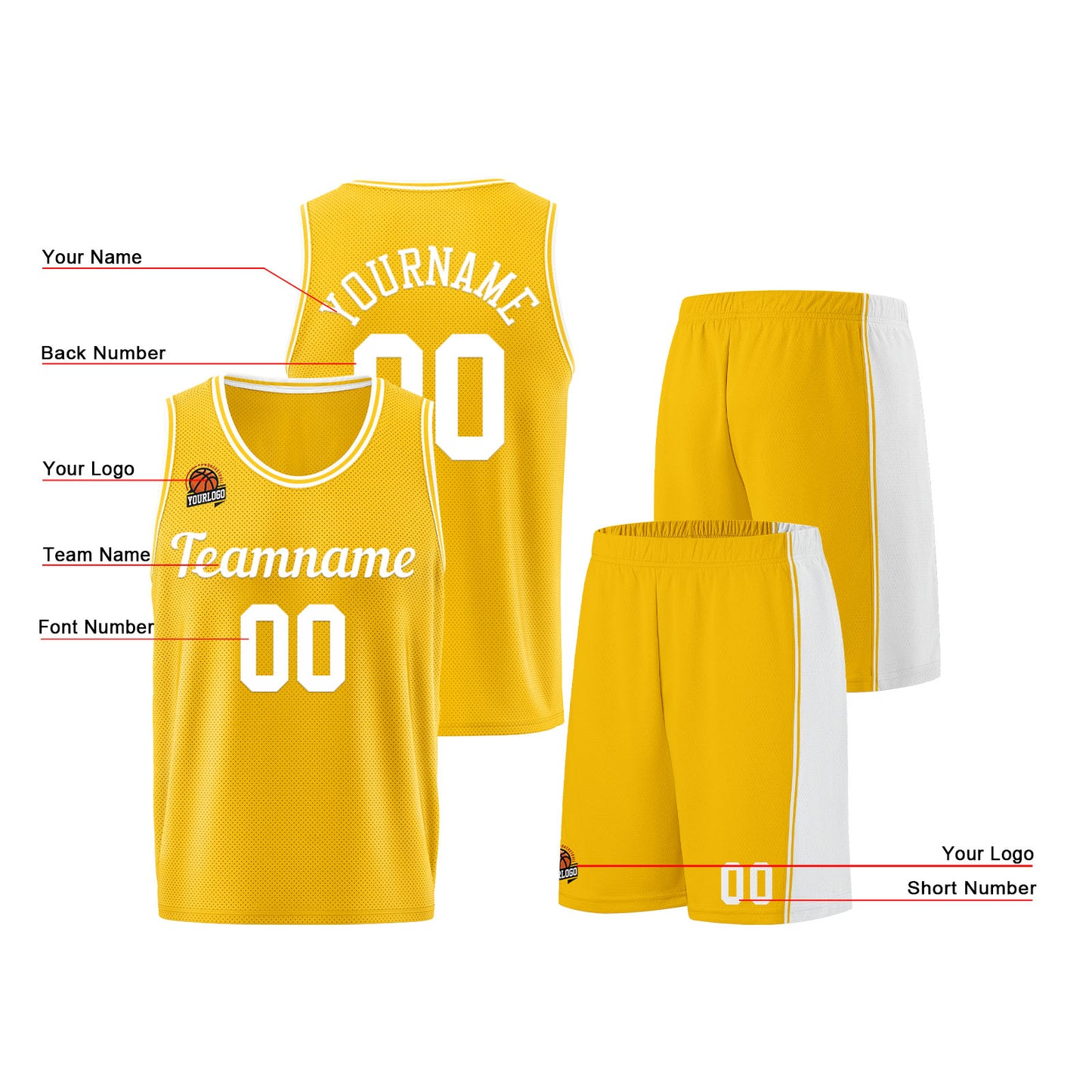 Individuelle Gelb Weiß Basketball Jersey Shorts für Männer und Frauen Gestickter und gedruckter Name, Nummer und Logo