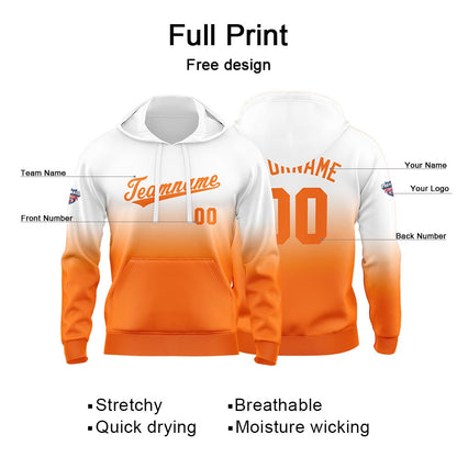 Benutzerdefinierter Verlauf Hoodie für Mann, Frau, Mädchen, Junge. Drucken Sie Ihr Logo, Ihren Namen und Ihre Nummer Weiß Orange