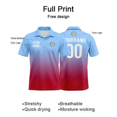 Benutzerdefinierte Hellblau Rot Fußball Polo-Shirts Fügen Sie Ihr Einzigartiges hinzu Logo/Name/Nummer