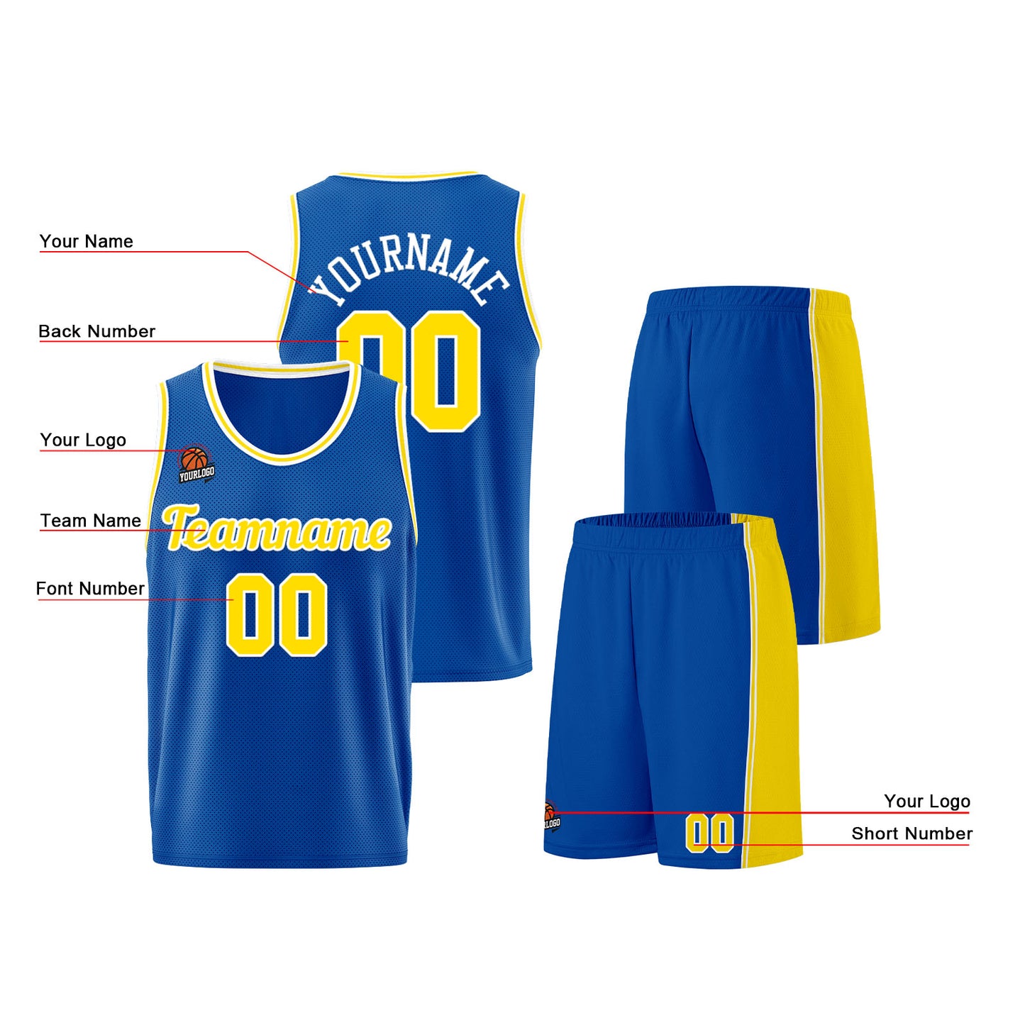 Individuelle Königlich-Gelb Basketball Jersey Shorts für Männer und Frauen Gestickter und gedruckter Name, Nummer und Logo