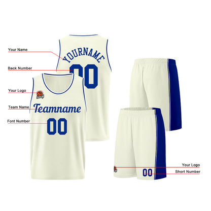Individuelle Creme-Königliche Basketball Jersey Shorts für Männer und Frauen Gestickter und gedruckter Name, Nummer und Logo