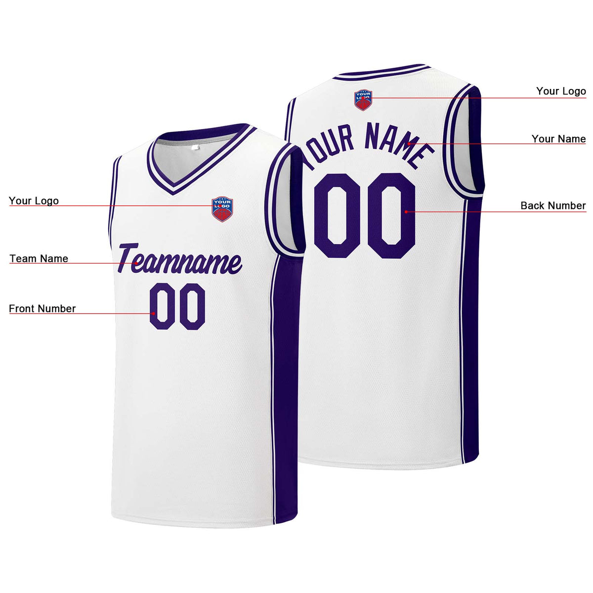 Individuelle Basketball-Jersey-Shorts für Männer und Frauen. Gestickter und gedruckter Name, Nummer und Logo Weiß