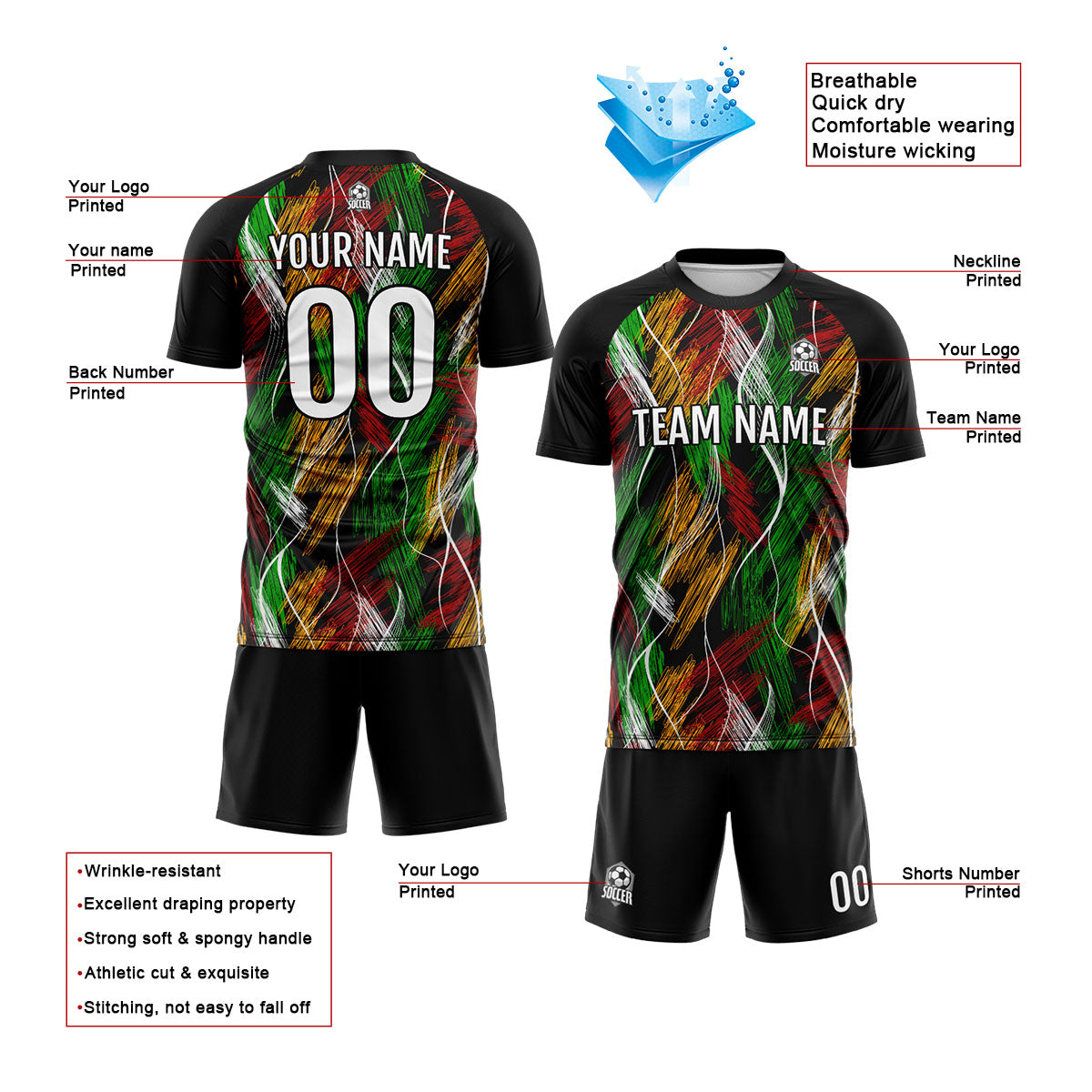 Benutzerdefinierte Schwarz Orange Fußball Trikots für Männer Frauen Personalisierte Fußball Uniformen für Erwachsene und Kind