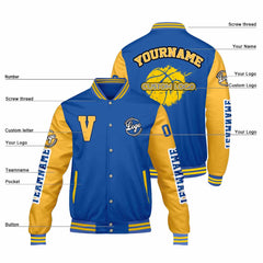 Maßgeschneiderte Königliches Gelb Letterman Varsity Jacket Individuelle Stickerei Druck nach Ihrem Wunsch