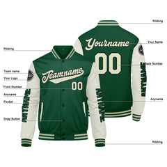 Maßgeschneiderte Grüne Creme Letterman Varsity Jacket Individuelle Stickerei Druck nach Ihrem Wunsch