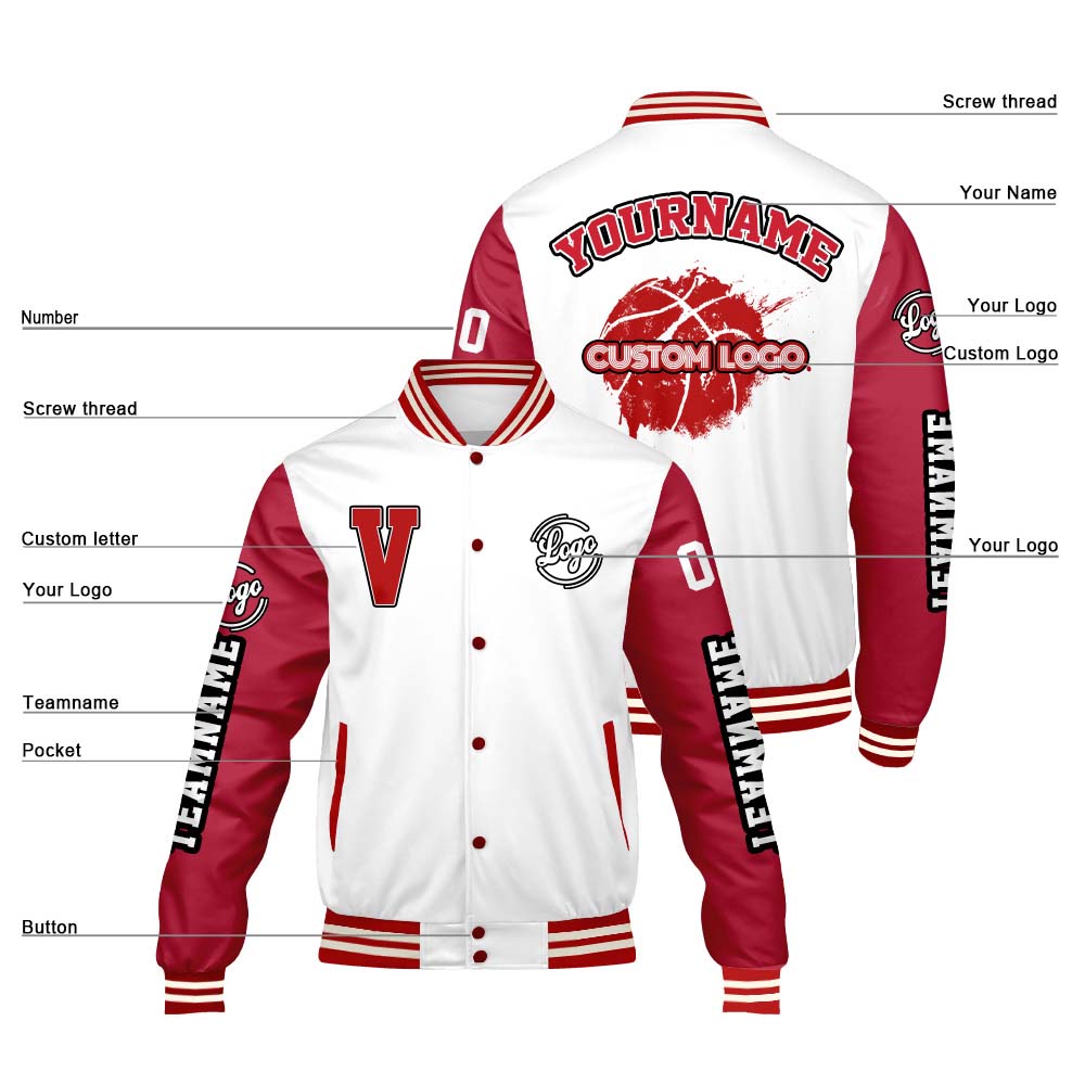 Maßgeschneiderte Weiß Rot Letterman Varsity Jacket Individuelle Stickerei Druck nach Ihrem Wunsch