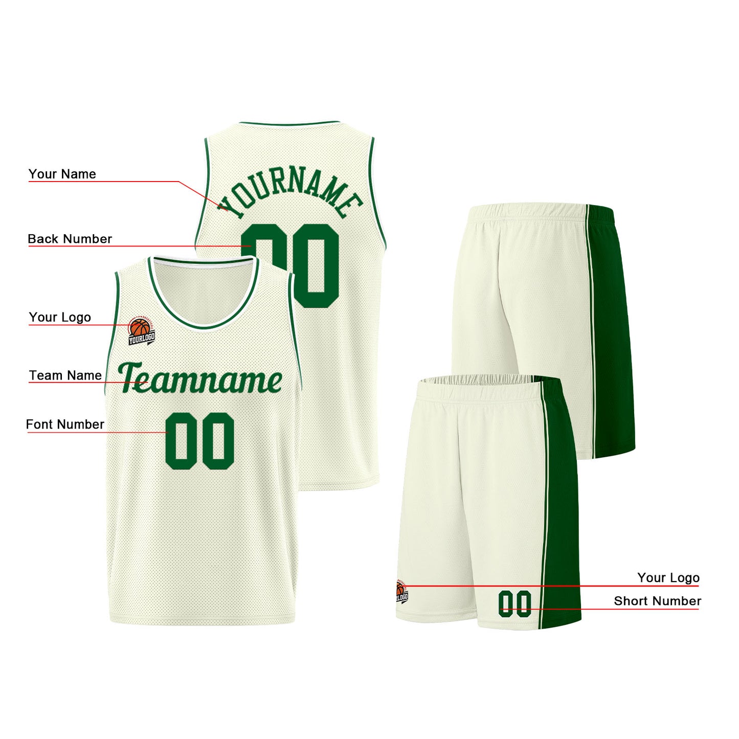 Individuelle Creme-Grün Basketball Jersey Shorts für Männer und Frauen Gestickter und gedruckter Name, Nummer und Logo