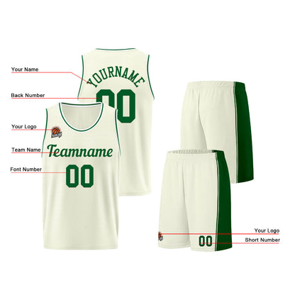 Individuelle Creme-Grün Basketball Jersey Shorts für Männer und Frauen Gestickter und gedruckter Name, Nummer und Logo