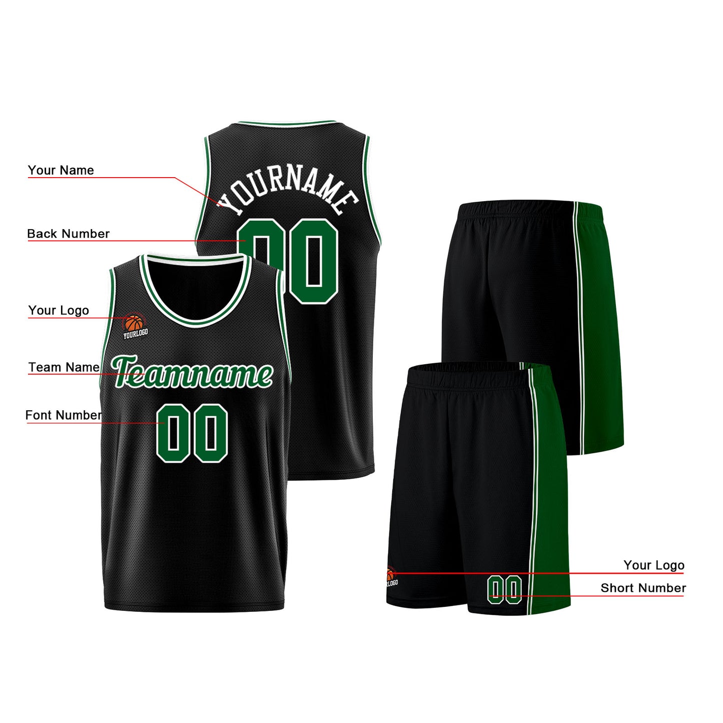 Individuelle Schwarz Grün Basketball Jersey Shorts für Männer und Frauen Gestickter und gedruckter Name, Nummer und Logo