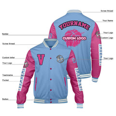 Maßgeschneiderte Bleischblau Rosa Letterman Varsity Jacket Individuelle Stickerei Druck nach Ihrem Wunsch
