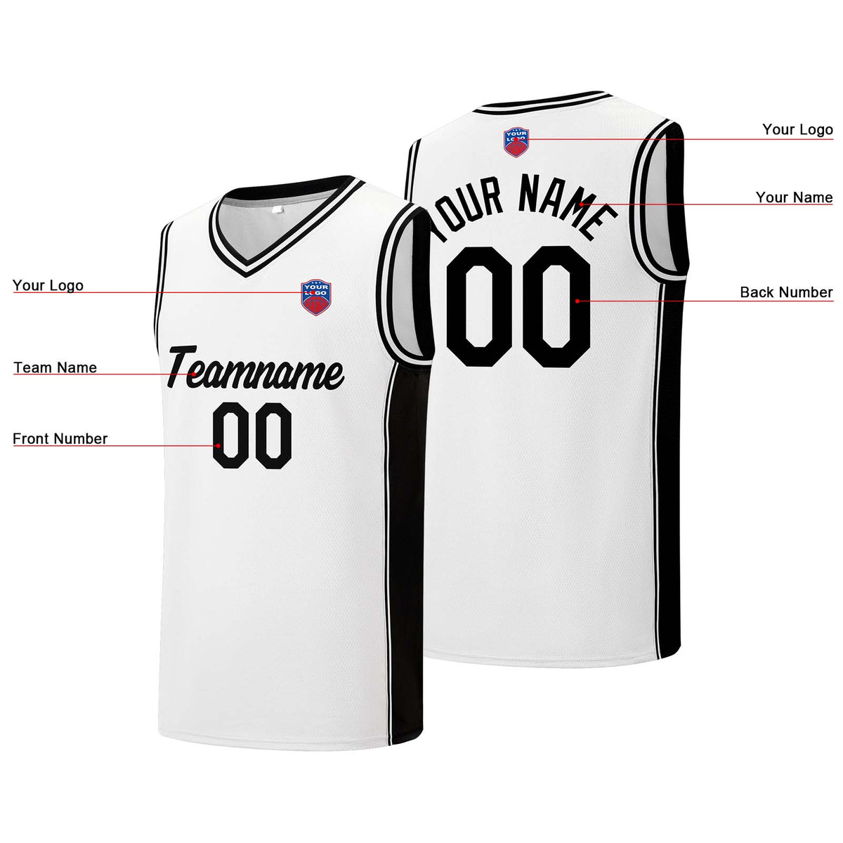Individuelle Basketball-Jersey-Shorts für Männer und Frauen. Gestickter und gedruckter Name, Nummer und Logo Weiß