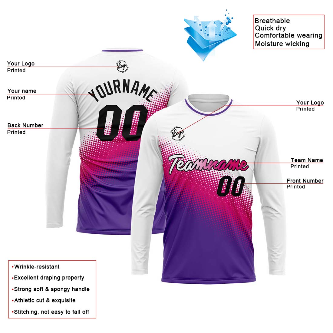 Kundenspezifisches Basketball Fußball Schießen langes T-Shirt für Erwachsene und Kinder Weiß&Lila