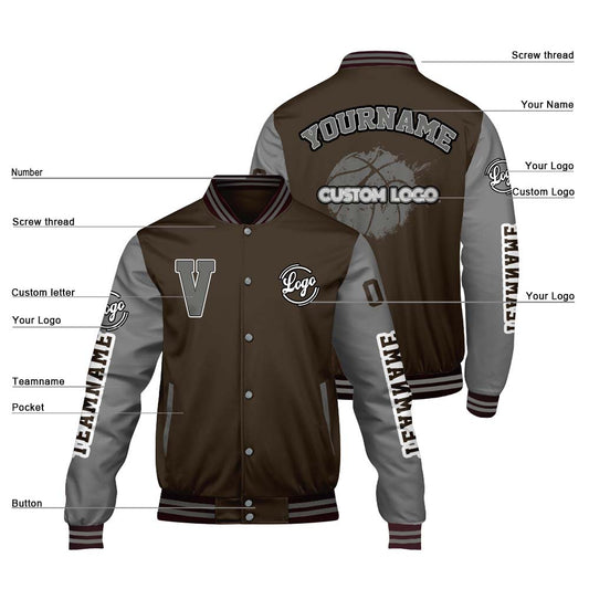 Maßgeschneiderte Braun Grau Letterman Varsity Jacket Individuelle Stickerei Druck nach Ihrem Wunsch