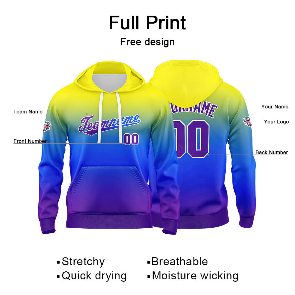 Benutzerdefinierter Verlauf Hoodie für Mann, Frau, Mädchen, Junge. Drucken Sie Ihr Logo, Ihren Namen und Ihre Nummer Gelb Blau