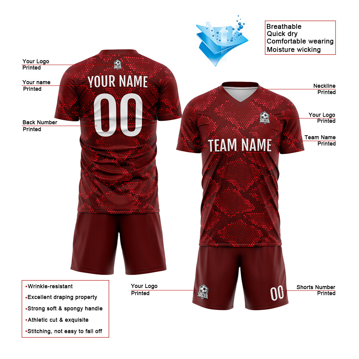 Benutzerdefinierte Dunkelrot Fußball Trikots für Männer Frauen Personalisierte Fußball Uniformen für Erwachsene und Kind