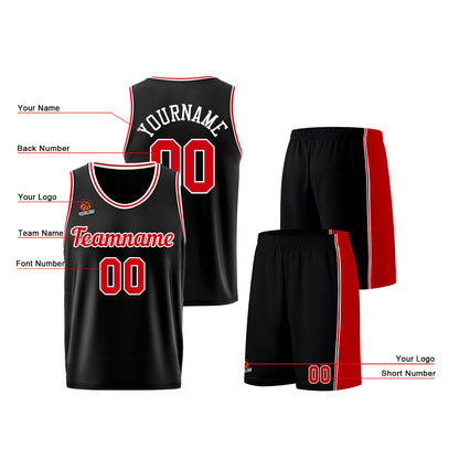 Individuelle Schwarz Rot Basketball Jersey Shorts für Männer und Frauen Gestickter und gedruckter Name, Nummer und Logo