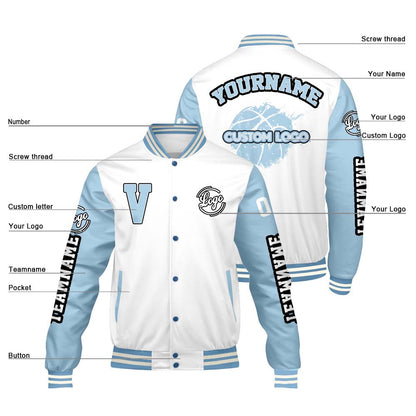 Maßgeschneiderte Weiß Löwenblau Letterman Varsity Jacket Individuelle Stickerei Druck nach Ihrem Wunsch