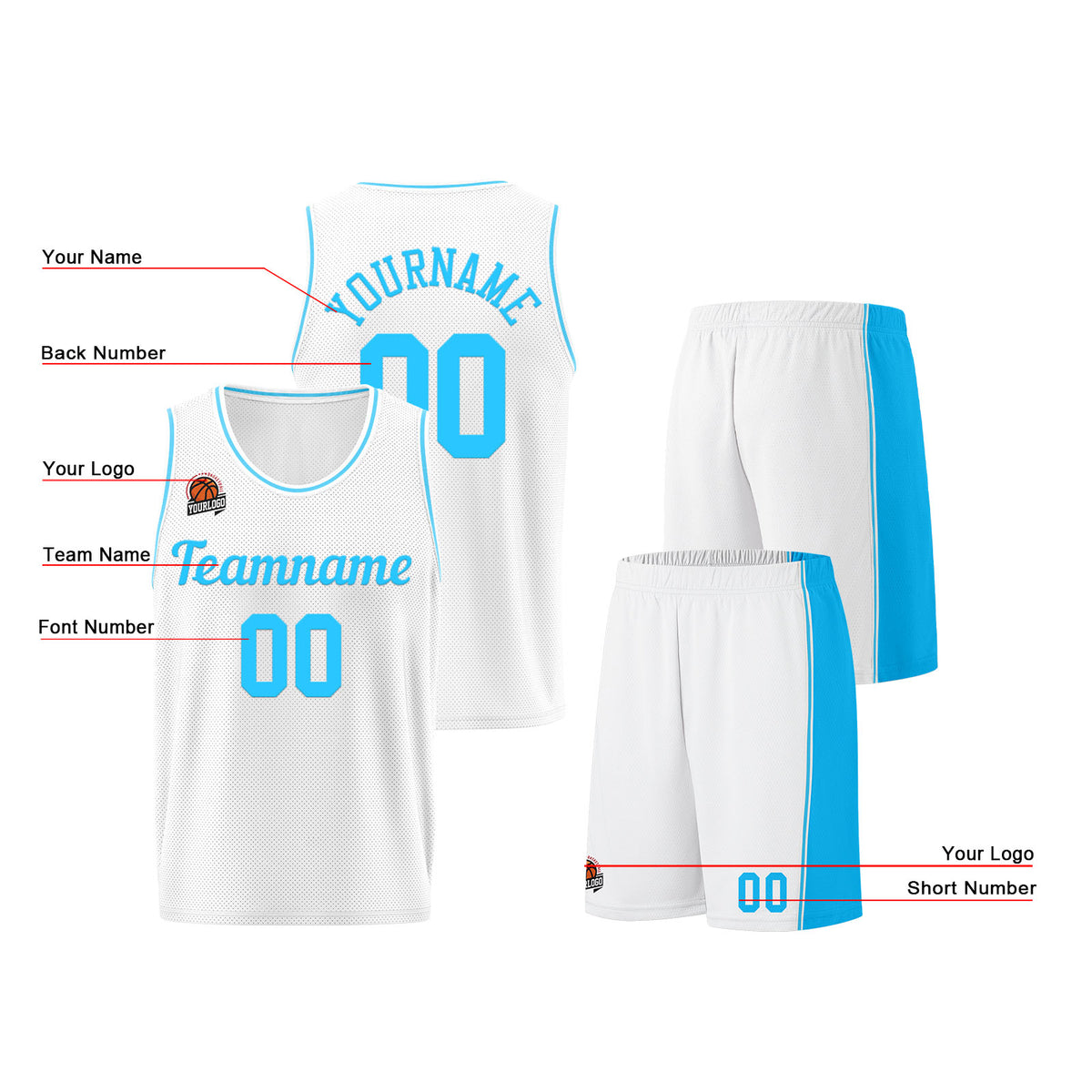 Individuelle Weiß-Hellblau Basketball Jersey Shorts für Männer und Frauen Gestickter und gedruckter Name, Nummer und Logo
