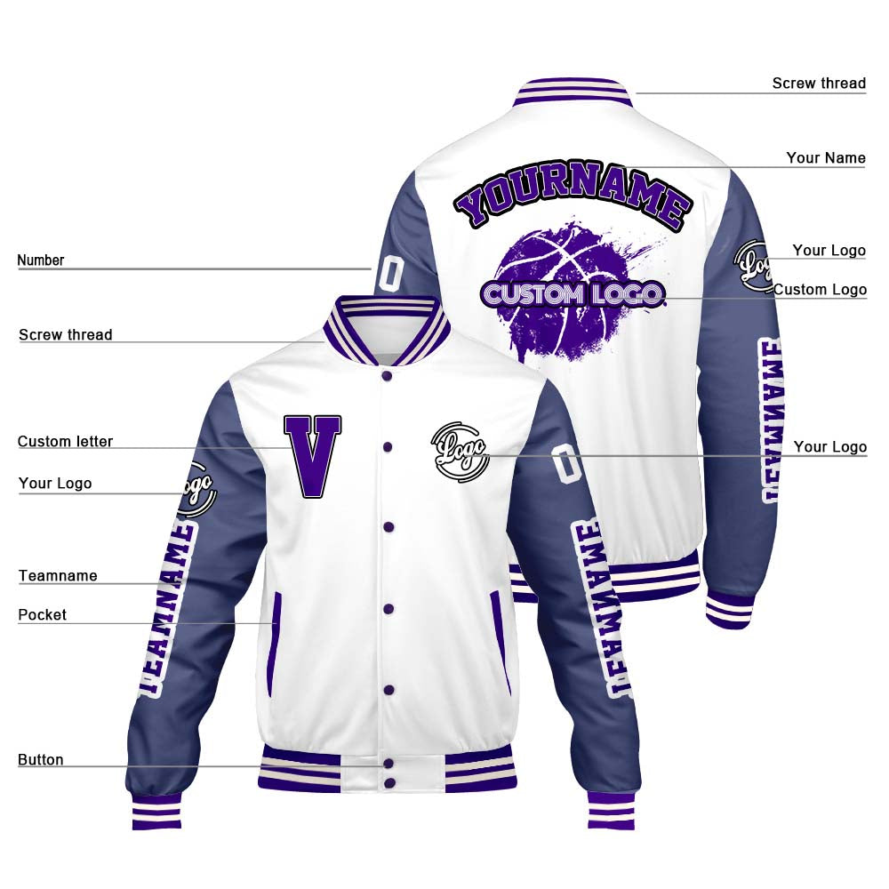 Maßgeschneiderte Weiß Lila Letterman Varsity Jacket Individuelle Stickerei Druck nach Ihrem Wunsch