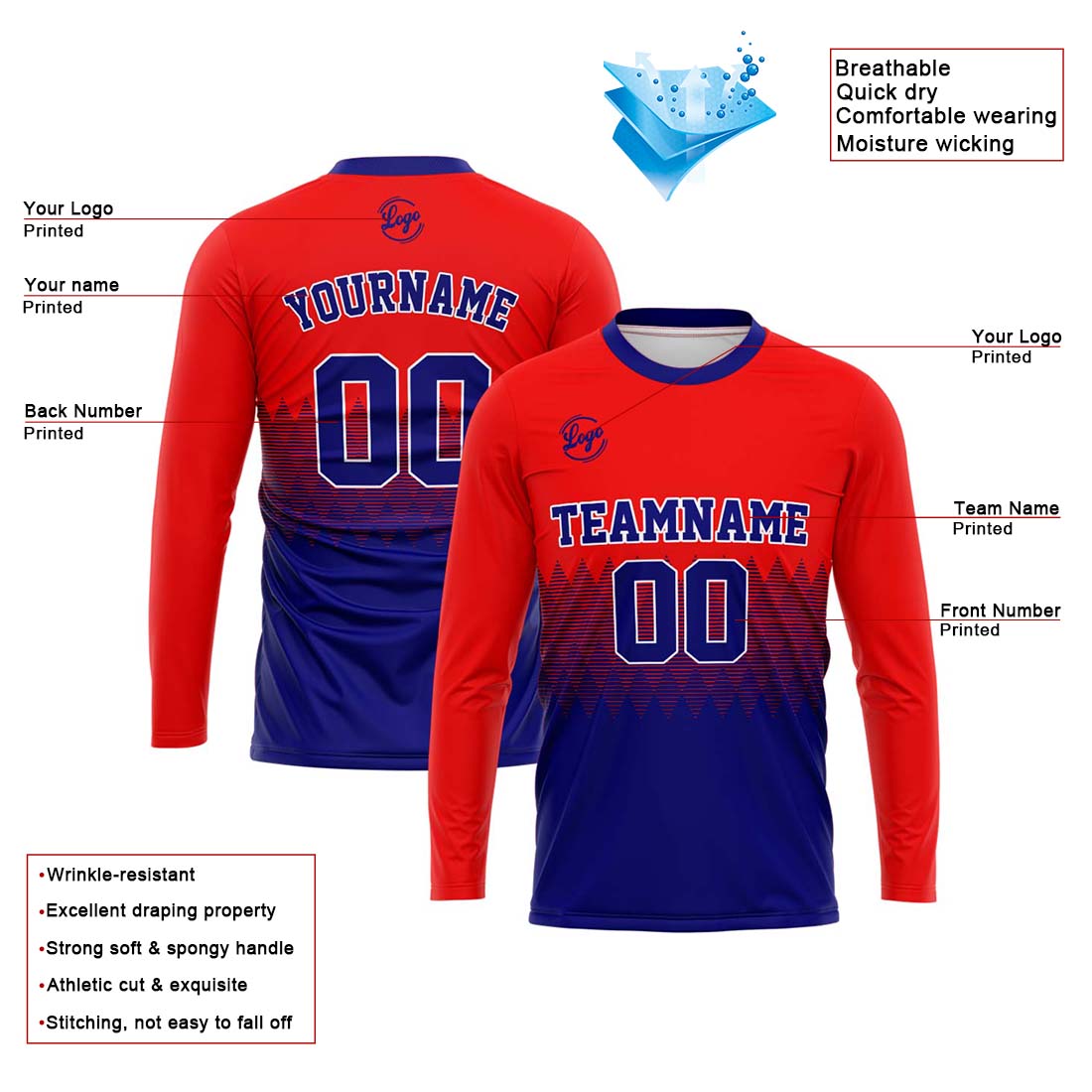Kundenspezifisches Basketball Fußball Schießen langes T-Shirt für Erwachsene und Kinder Rot&Royal