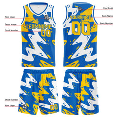 Benutzerdefinierter Blau Gelb Basketball Jersey Uniform Anzug gedruckt Ihr Logo Name Nummer