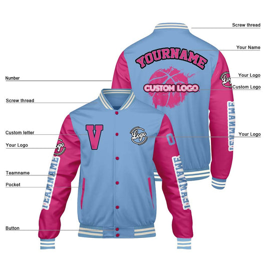Maßgeschneiderte Bleischblau Rosa Letterman Varsity Jacket Individuelle Stickerei Druck nach Ihrem Wunsch