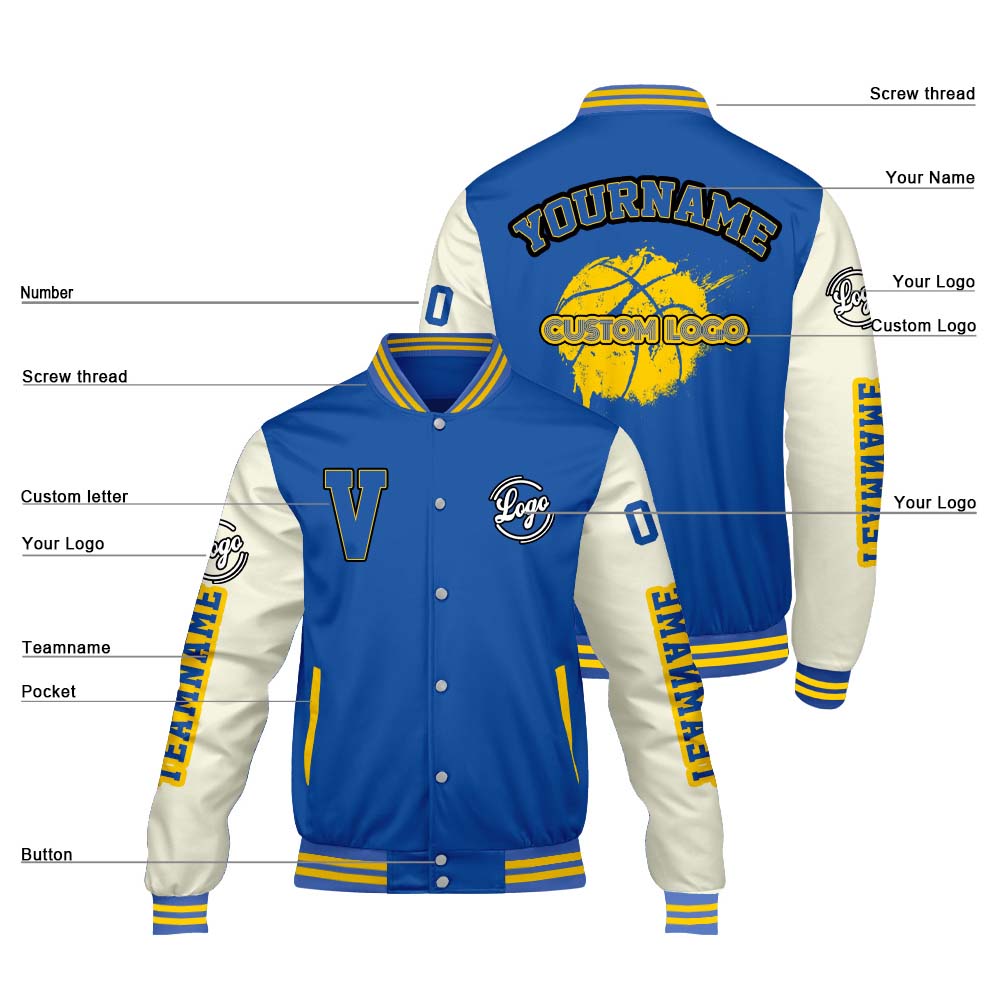 Maßgeschneiderte Blaue Creme Letterman Varsity Jacket Individuelle Stickerei Druck nach Ihrem Wunsch