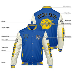 Maßgeschneiderte Blaue Creme Letterman Varsity Jacket Individuelle Stickerei Druck nach Ihrem Wunsch