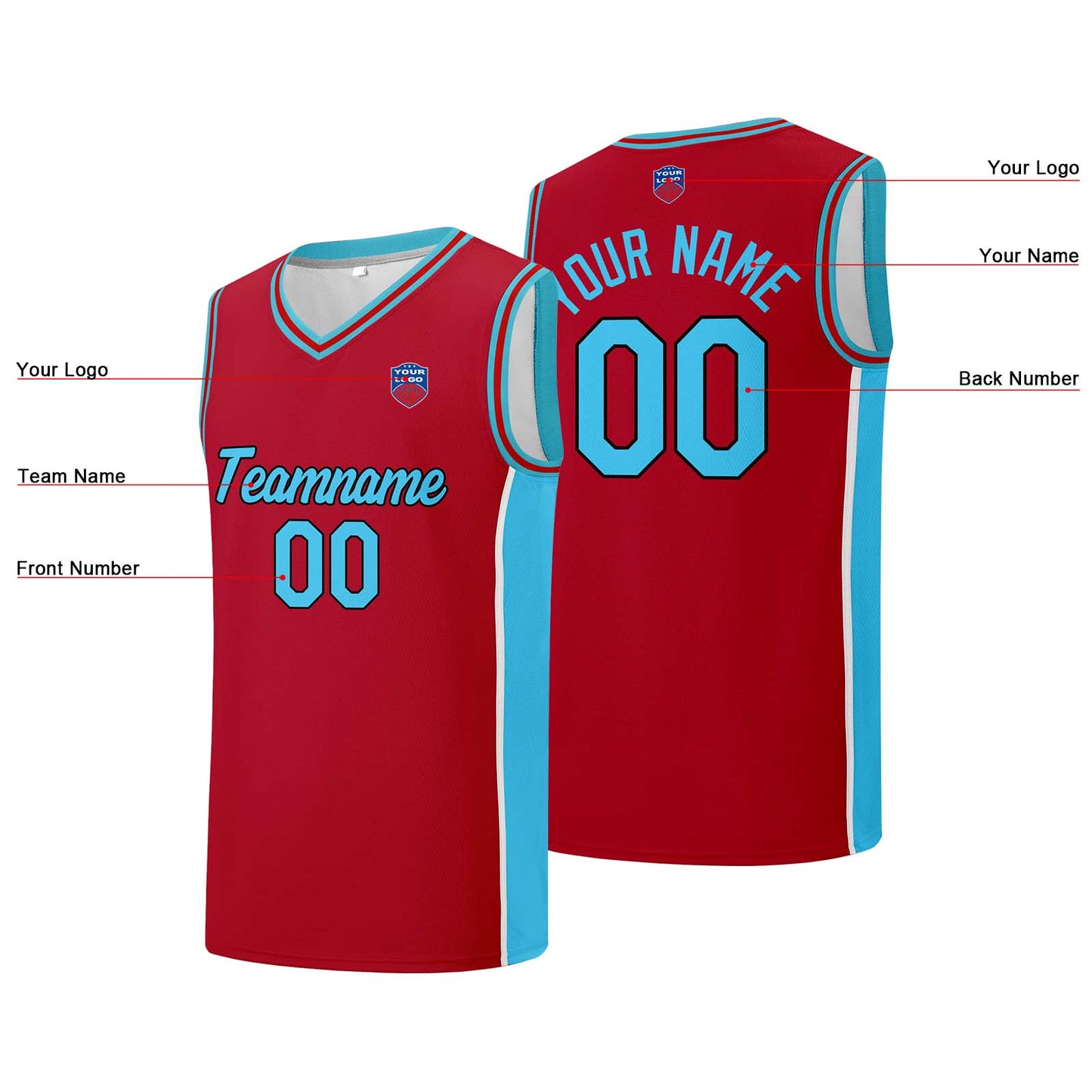 Individuelle Basketball-Jersey-Shorts für Männer und Frauen. Gestickter und gedruckter Name, Nummer und Logo Rot& Hellblau