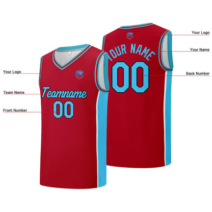 Individuelle Basketball-Jersey-Shorts für Männer und Frauen. Gestickter und gedruckter Name, Nummer und Logo Rot& Hellblau