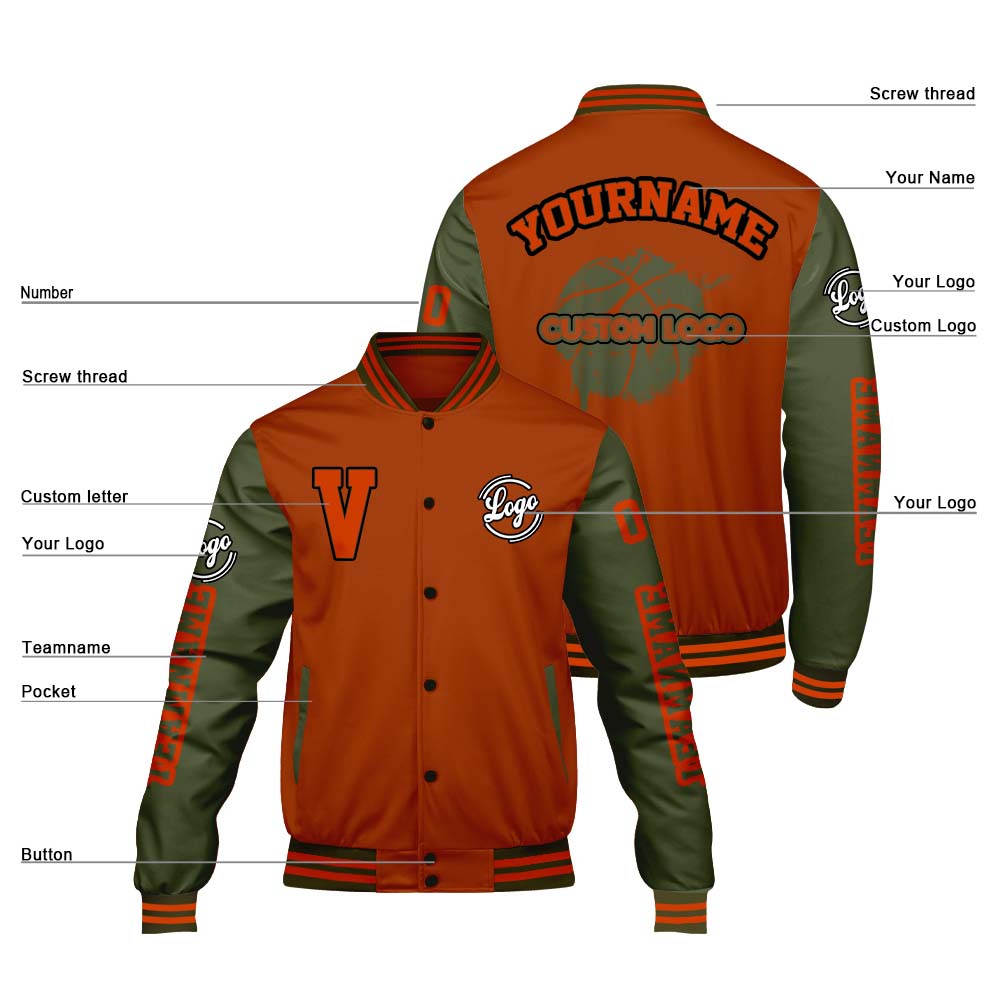 Maßgeschneiderte Orange Olivengrün Letterman Varsity Jacket Individuelle Stickerei Druck nach Ihrem Wunsch