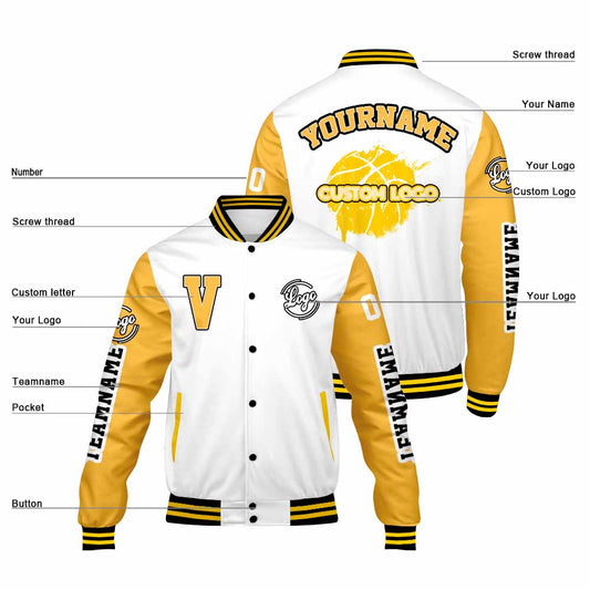 Maßgeschneiderte Weiß Gelb Letterman Varsity Jacket Individuelle Stickerei Druck nach Ihrem Wunsch