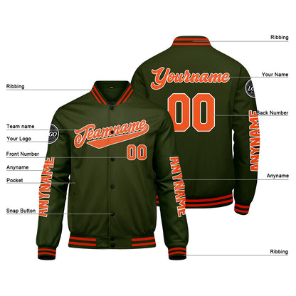 Maßgeschneiderte Olivengrün Orange Letterman Varsity Jacket Individuelle Stickerei Druck nach Ihrem Wunsch