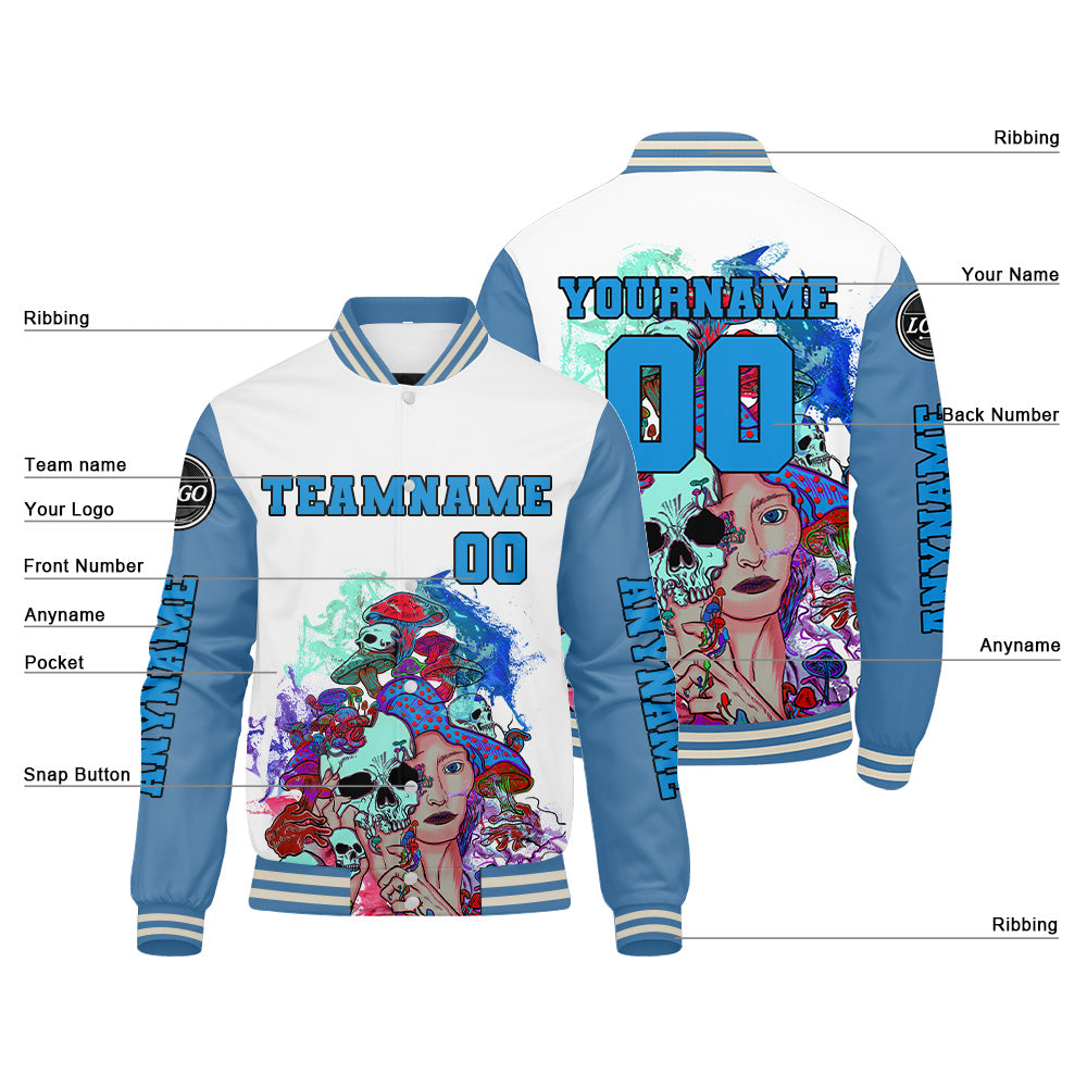 Maßgeschneiderte Hellblau Letterman Varsity Jacket Individuelle Stickerei Druck nach Ihrem Wunsch