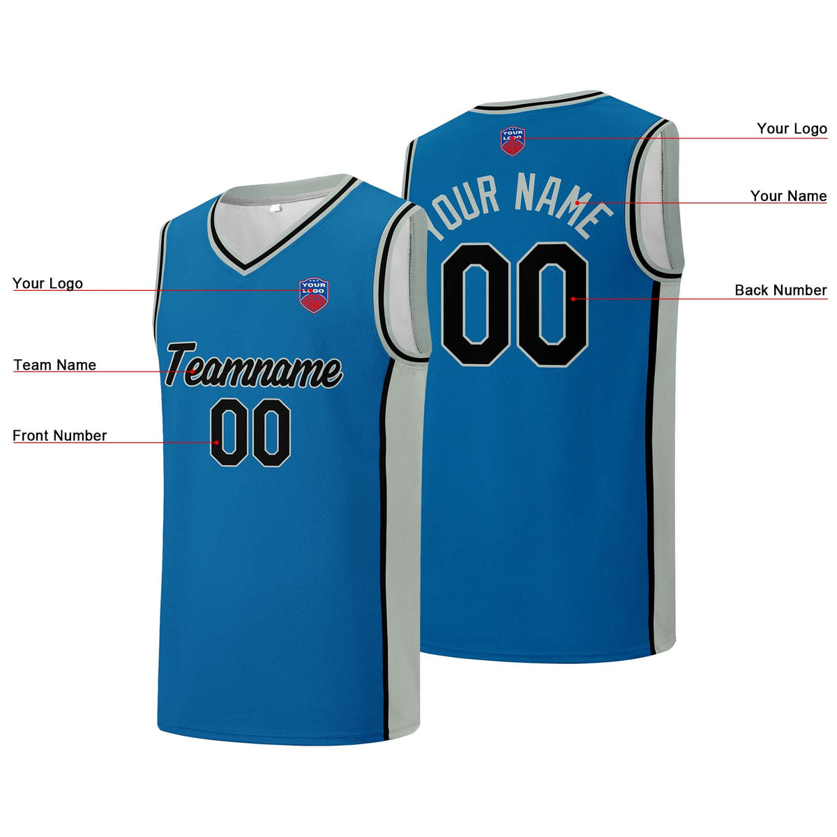 Individuelle Basketball-Jersey-Shorts für Männer und Frauen. Gestickter und gedruckter Name, Nummer und Logo Blau&Grau