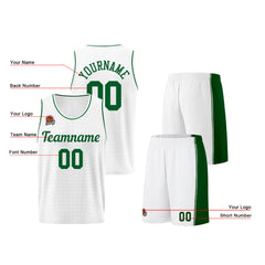 Individuelle Weiß-Grün Basketball Jersey Shorts für Männer und Frauen Gestickter und gedruckter Name, Nummer und Logo