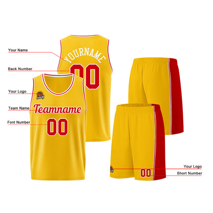 Individuelle Gelb Rot Basketball Jersey Shorts für Männer und Frauen Gestickter und gedruckter Name, Nummer und Logo