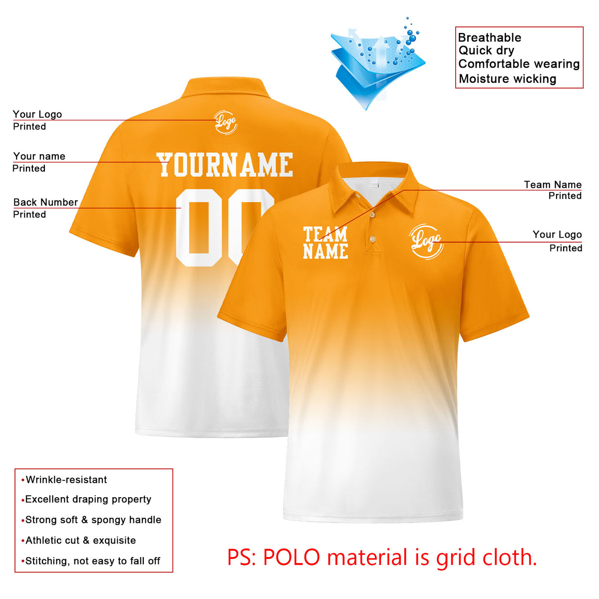 Benutzerdefinierte Orange Weiß Fußball Gradient Polo-Shirts Fügen Sie Ihr Einzigartiges hinzu Logo/Name/Nummer