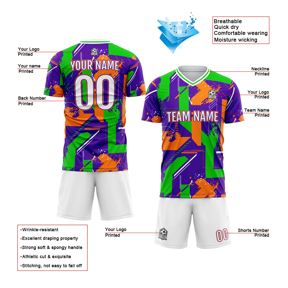 Benutzerdefinierte Lila Orange Fußball Trikots für Männer Frauen Personalisierte Fußball Uniformen für Erwachsene und Kind