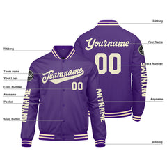 Maßgeschneiderte Lila Creme Letterman Varsity Jacket Individuelle Stickerei Druck nach Ihrem Wunsch