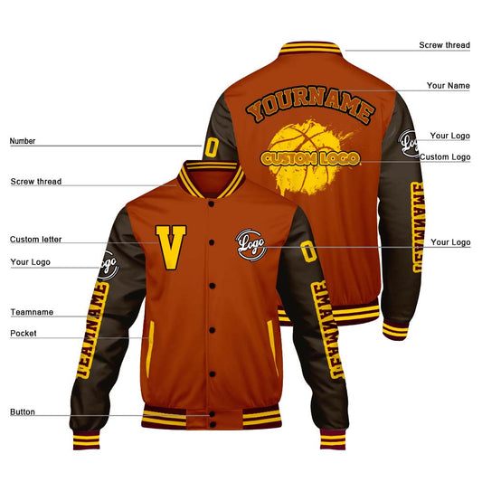 Maßgeschneiderte Orange Braun Letterman Varsity Jacket Individuelle Stickerei Druck nach Ihrem Wunsch
