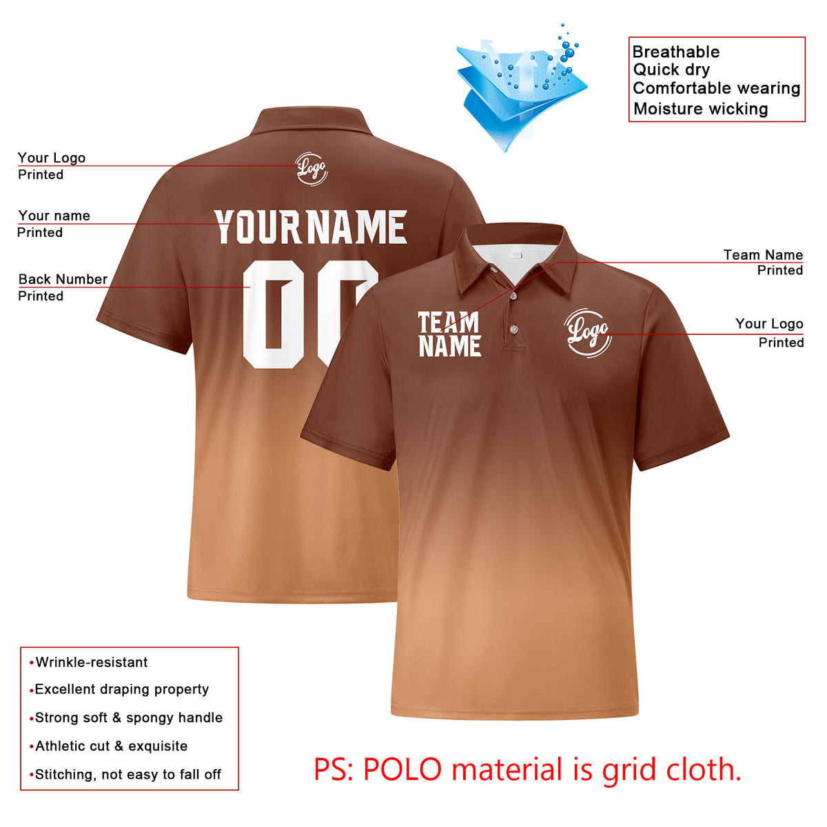 Benutzerdefinierte Braun Khaki Fußball Gradient Polo-Shirts Fügen Sie Ihr Einzigartiges hinzu Logo/Name/Nummer