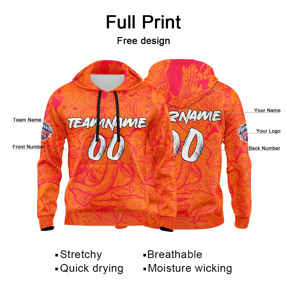 Benutzerdefinierter Sweatshirt-Hoodie für Mann, Frau, Mädchen, Junge. Drucken Sie Ihr Logo, Ihren Namen und Ihre Nummer Marine & Orange