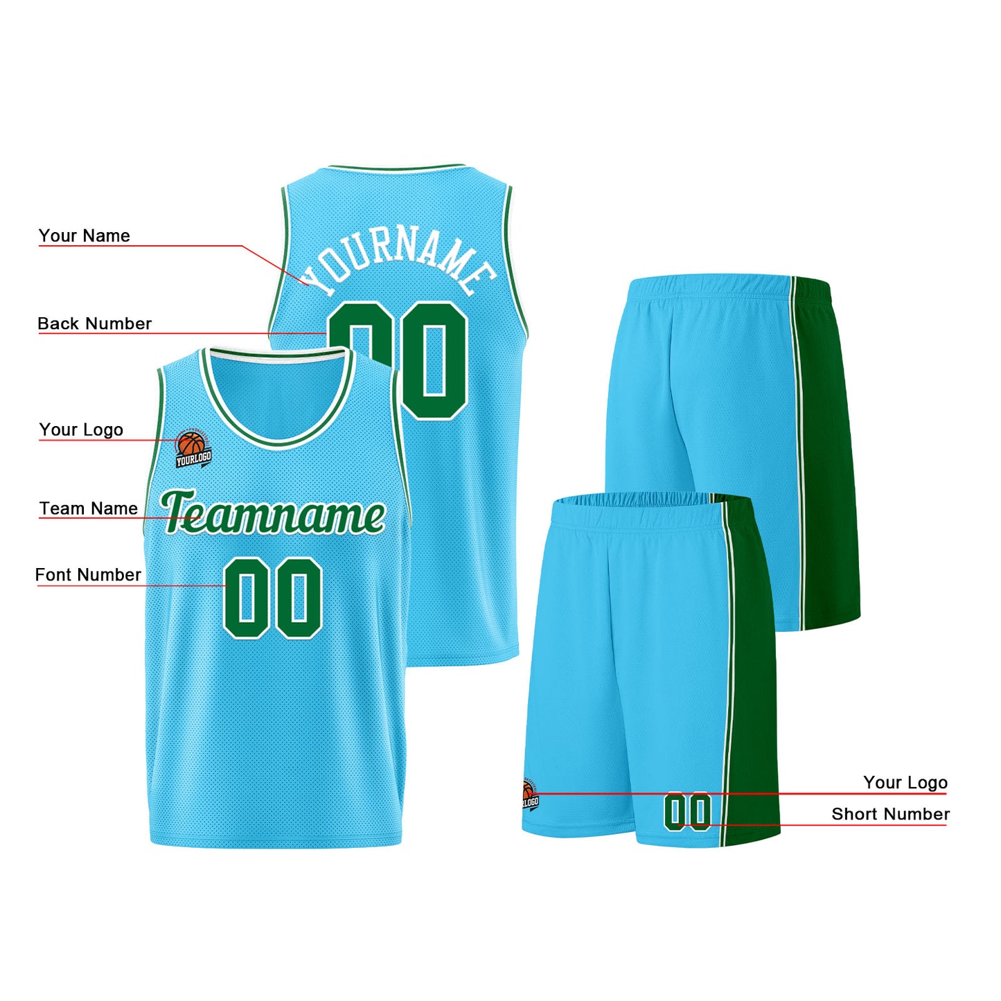 Individuelle Hellblau Grün Basketball Jersey Shorts für Männer und Frauen Gestickter und gedruckter Name, Nummer und Logo