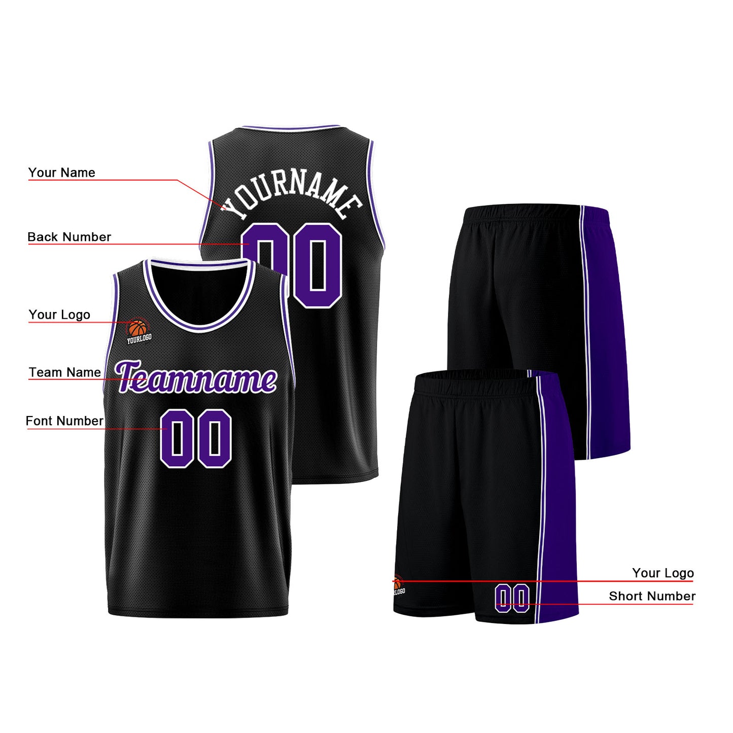 Individuelle Schwarz Lila Basketball Jersey Shorts für Männer und Frauen Gestickter und gedruckter Name, Nummer und Logo